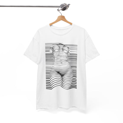Chic hanging white t-shirt showcasing a striking optical illusion design, featuring dynamic black and white lines that create the silhouette of a woman.
