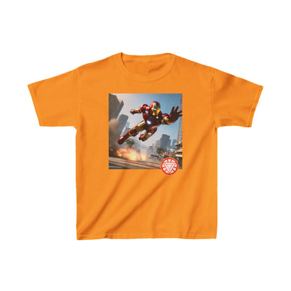 Kids Iron Man Printed Heavy Duty T-Shirt in bold orange, featuring an action-packed Iron Man design, perfect for young superhero enthusiasts.