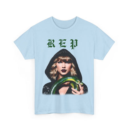 Front of the fashionable Taylor Swift Reputation Era unisex cotton t-shirt in blue, featuring a captivating image of Taylor Swift with a snake, a must-have for Swiftie collectors.