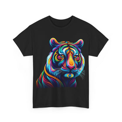 Tiger's Whimsy Graphic Unisex T-Shirt in black with an eye-catching artistic kaleidoscope tiger design, blending elegance and playfulness.