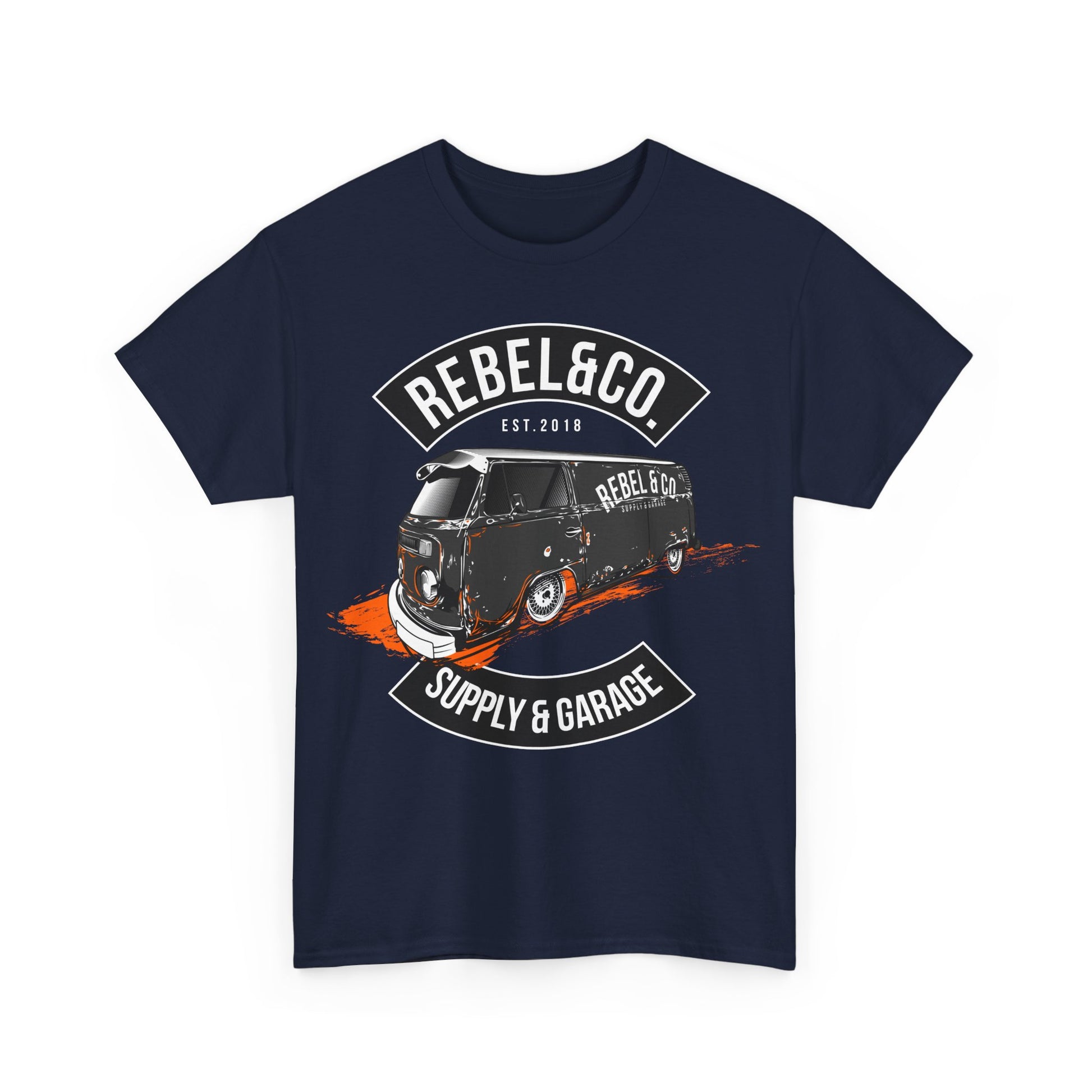 Front view of a striking navy blue men's t-shirt adorned with a vintage camper van graphic, embodying adventure and style, perfect for trendsetters.