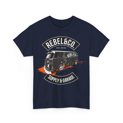 Front view of a striking navy blue men's t-shirt adorned with a vintage camper van graphic, embodying adventure and style, perfect for trendsetters.