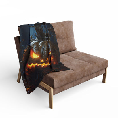 Luxurious Decorative and Warm Halloween Spooky Arctic Fleece Blanket draped over a stylish sofa, showcasing a vibrant jack-o'-lantern design, perfect for creating an inviting autumn atmosphere.