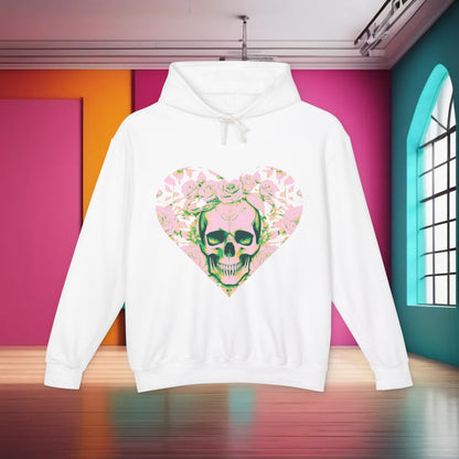 Unisex Lightweight Hooded Sweatshirt featuring a unique designer skull and roses graphic, set against a vibrant and stylish backdrop, showcasing luxury streetwear fashion.