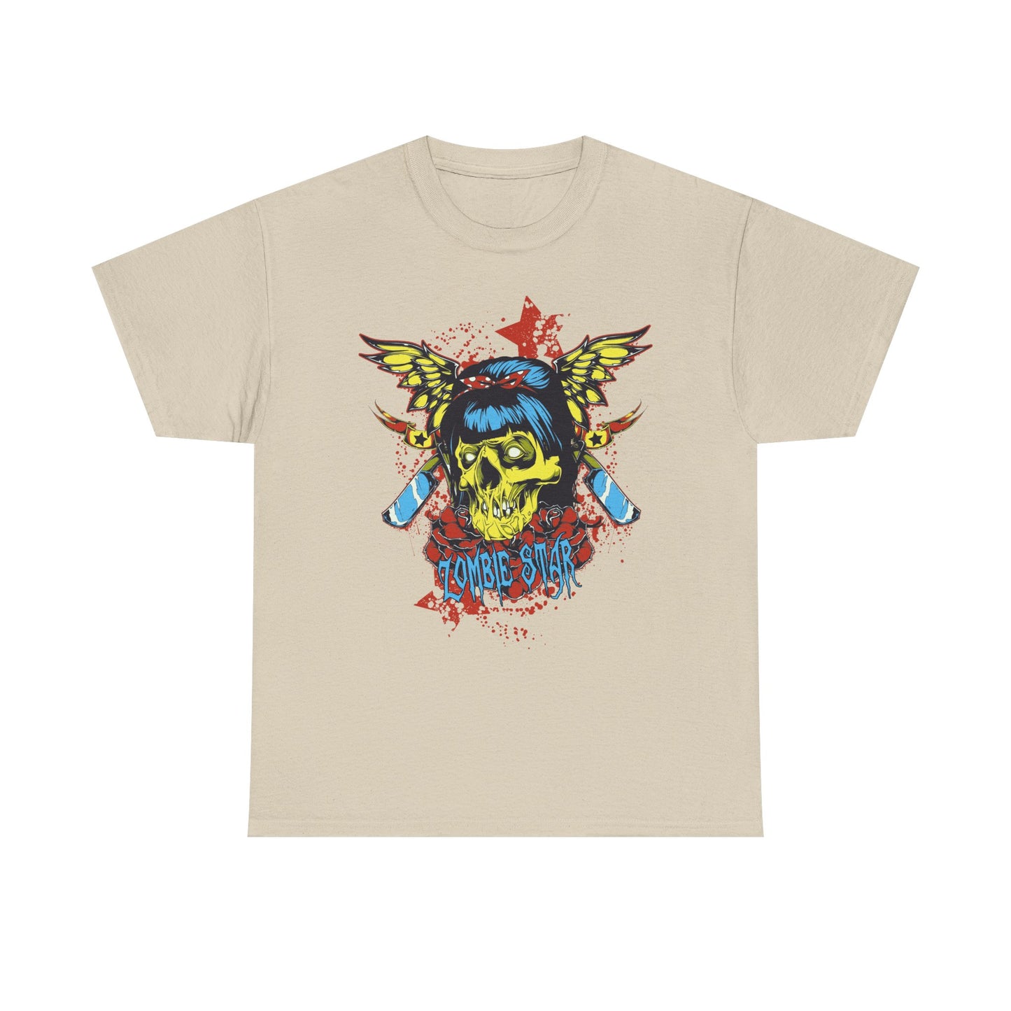 Beige skull graphic t-shirt highlighting a captivating yellow skull with wings, dramatic blood splatter design, and 'Zombie Star' inscription, suitable for unique wardrobe statements.
