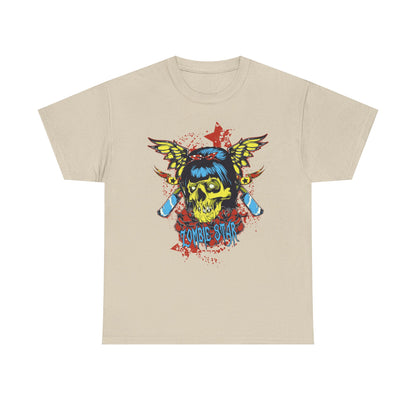 Beige skull graphic t-shirt highlighting a captivating yellow skull with wings, dramatic blood splatter design, and 'Zombie Star' inscription, suitable for unique wardrobe statements.