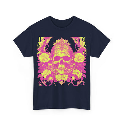 Front view of the Skulls and Roses Cotton Tee featuring a striking design of a skull and roses in vibrant hues, exemplifying a fusion of luxury and alternative style.