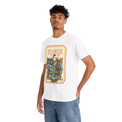 Stylish individual wearing a premium Stranger Things graphic t-shirt, showcasing a nostalgic Rink O Mania design, perfect for fans of the iconic series.