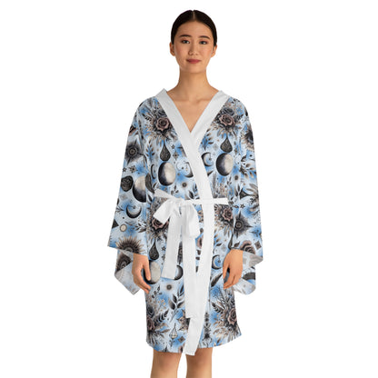 Floral Kimono Robe - Women's Robe, beautifully adorned with floral and celestial patterns, epitomizing luxurious comfort and style in designer lounge wear.