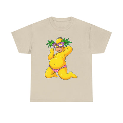 Luxury Homer Simpson Unisex Cotton Tee - Graphic T-Shirt depicting a whimsical caricature of Homer Simpson in a soft beige colour, sporting a pink bikini and a playful purple mask with palm-like green accents.