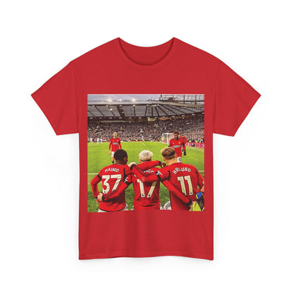 Manchester United Mainoo Garnacho Hoijlund T-Shirt featuring a luxurious design with iconic football scenes, perfect for streetwear enthusiasts and unisex style, crafted from premium cotton for ultimate comfort.