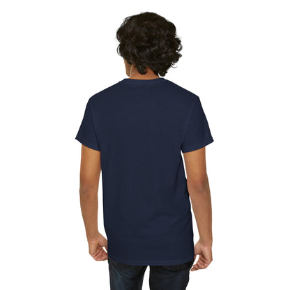 Back view of a male model in a navy blue luxury T-shirt, highlighting the simple yet elegant design, perfect for motorcycle enthusiasts.
