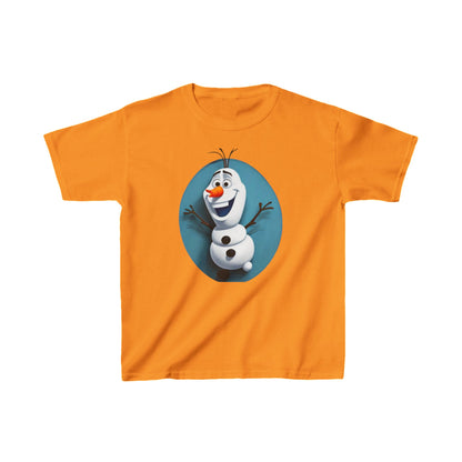 Kids Cute Frozen Olaf T-shirt in vibrant orange featuring a cheerful Olaf design, made from heavy cotton for comfort and durability, perfect for young fans of the Frozen franchise.
