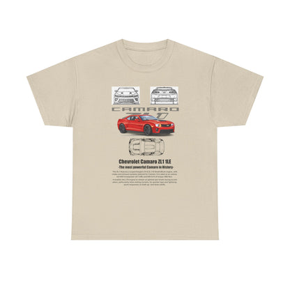 Luxury men's t-shirt featuring an eye-catching Chevrolet Camaro ZL1 1LE design, showcasing the iconic car with its specifications, perfect for automotive enthusiasts, available in premium beige fabric.