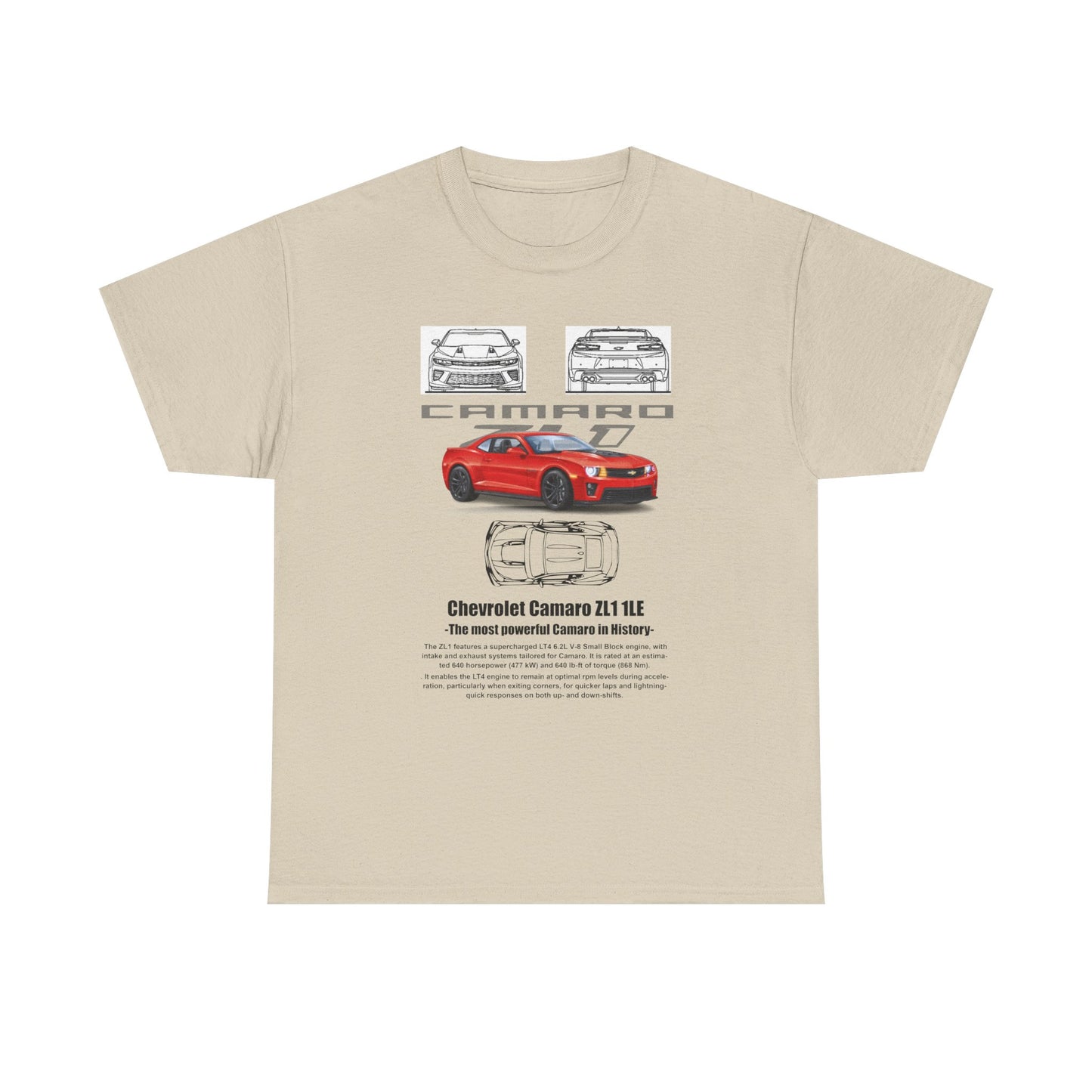 Men's Chevrolet Camaro ZL1 1LE T-Shirt in beige, showcasing a striking red Camaro graphic and detailed blueprints, epitomizing automotive excellence and luxury style.