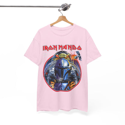 Luxury Iron Mando Graphic Tee in pink featuring stunning Mandalorian design and a playful companion, ideal for Star Wars enthusiasts.