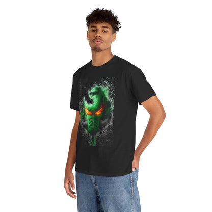 Model showcasing a sophisticated black t-shirt with an eye-catching green helmet design, merging the realms of pop culture and fashion effortlessly.