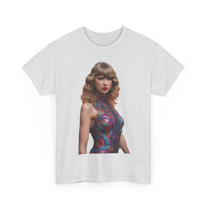 Luxury Swifties psychedelic Taylor Swift Heavy Cotton Tee on a light grey background, featuring a stunning psychedelic print of Taylor Swift, ideal for celebrating fandom in style.