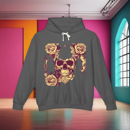 Unisex Lightweight Hooded Sweatshirt with a unique designer skull and roses design, presented in a dark grey hue in an artistic setting.