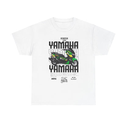 Elegant white men's t-shirt showcasing a vibrant Yamaha scooter design, complemented by 'Scooter Life' lettering and fine Japanese accents, ideal for scooters lovers.