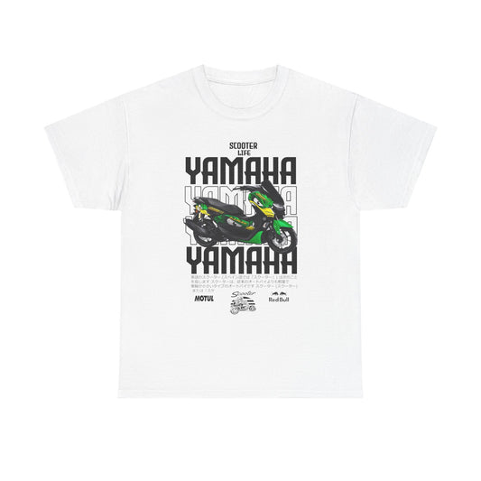 Elegant white men's t-shirt showcasing a vibrant Yamaha scooter design, complemented by 'Scooter Life' lettering and fine Japanese accents, ideal for scooters lovers.