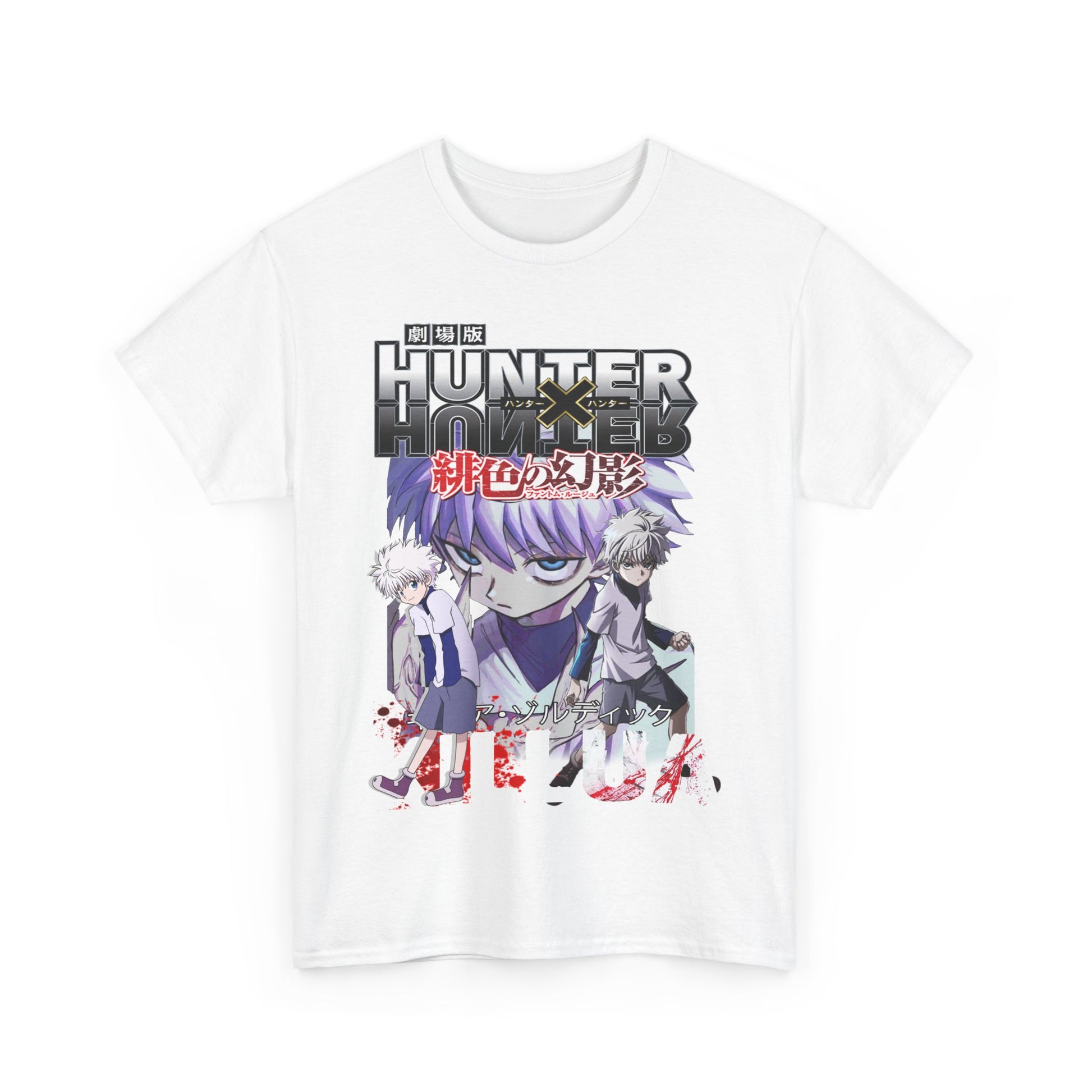 Stunning Hunter x Hunter graphic T-shirt featuring iconic characters Killua and Gon, designed with vibrant artwork and bold colours, perfect for anime enthusiasts.
