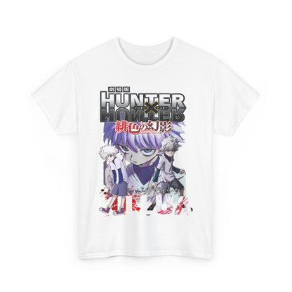 Stunning Hunter x Hunter graphic T-shirt featuring iconic characters Killua and Gon, designed with vibrant artwork and bold colours, perfect for anime enthusiasts.