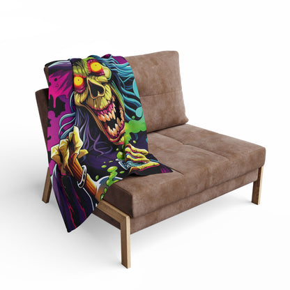 Elegant Decorative and Warm Halloween Spooky Arctic Fleece Blanket draped over a stylish sofa, featuring a vivid spooky character design, ideal for Halloween décor.