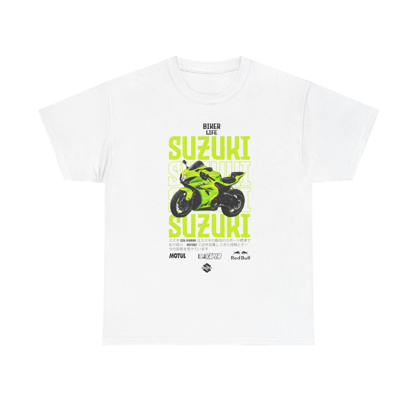 Luxurious white men’s T-shirt featuring a vibrant Suzuki GSX-R motorcycle graphic, complemented by bold 'BIKER LIFE' typography in luminous green and black, symbolizing the spirit of high-octane biking culture.