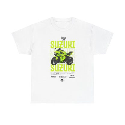 Luxurious white men’s T-shirt featuring a vibrant Suzuki GSX-R motorcycle graphic, complemented by bold 'BIKER LIFE' typography in luminous green and black, symbolizing the spirit of high-octane biking culture.