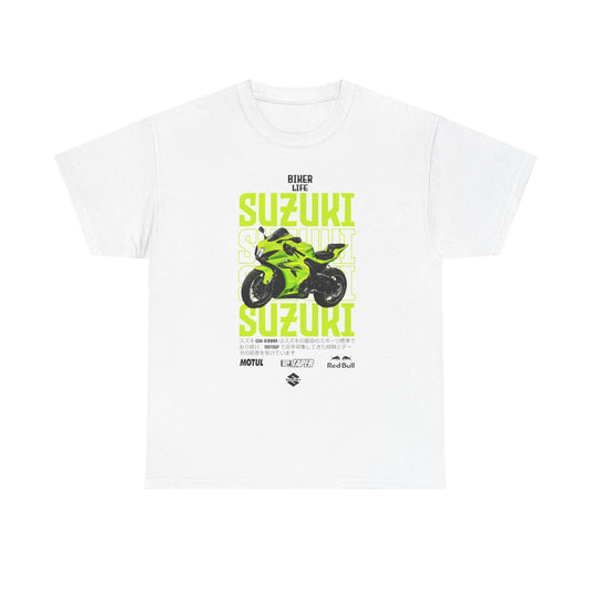 Luxurious white men’s T-shirt featuring a vibrant Suzuki GSX-R motorcycle graphic, complemented by bold 'BIKER LIFE' typography in luminous green and black, symbolizing the spirit of high-octane biking culture.