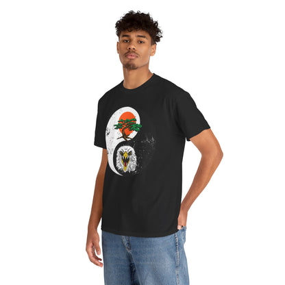 Elegant black unisex graphic t-shirt featuring a striking yin-yang design, showcasing a bold eagle and a stylized bonsai tree, perfect for martial arts enthusiasts.