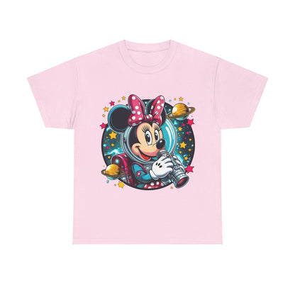 Blast Off with Minnie Mouse Unisex Graphic Tee Shirt featuring a whimsical astronaut Minnie Mouse illustration on pastel pink fabric, perfect for effortless style.