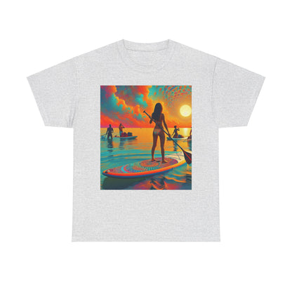 Close-up of the eye-catching design on the Delightful Paddle Board T-Shirt from Dazzling Dreams Studio, reflecting a love for paddleboarding.