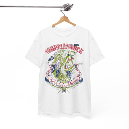 Stylishly hung Native American Heritage Graphic T-Shirt highlighting the intricate Wolf Headdress design with elements of traditional culture against an immaculate white backdrop, perfect for heritage enthusiasts.