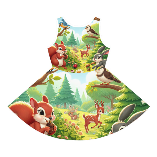 Charming and stylish Isabella Sproutley Girls Woodland Creature Sundress showcasing playful rabbits and deer, crafted by Dazzling Dreams Studio for joyful outdoor explorations.