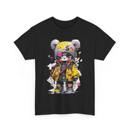 Stylish black T-shirt featuring a vibrant cartoon panda character in urban street fashion, adorned with colorful accessories and abstract patterns, perfect for trendy outfits.