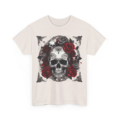Front view of the Skulls and Roses Cotton Tee, featuring an intricate skull and rose graphic design, perfect for alternative fashion haute couture.