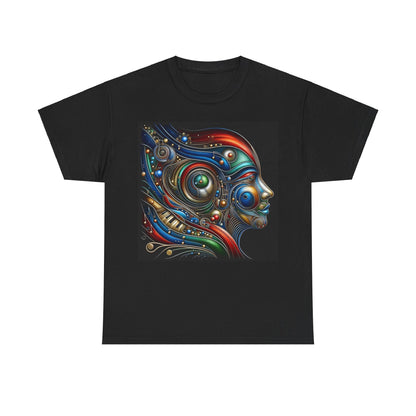 Luxury Stained Glass Dreams Unisex T-Shirt showcasing a vibrant abstract design featuring a human face, intricately crafted with rich colours and geometric patterns, perfect for art enthusiasts.