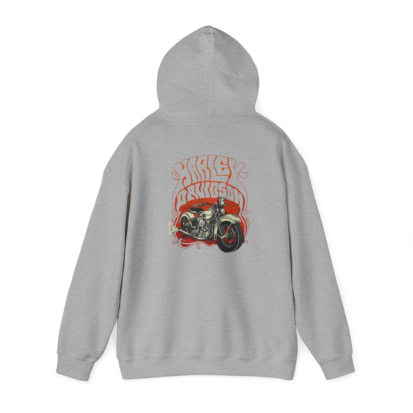 Stylish vintage Harley Davidson hoodie featuring a striking motorcycle graphic, perfect for bikers and fashion enthusiasts.