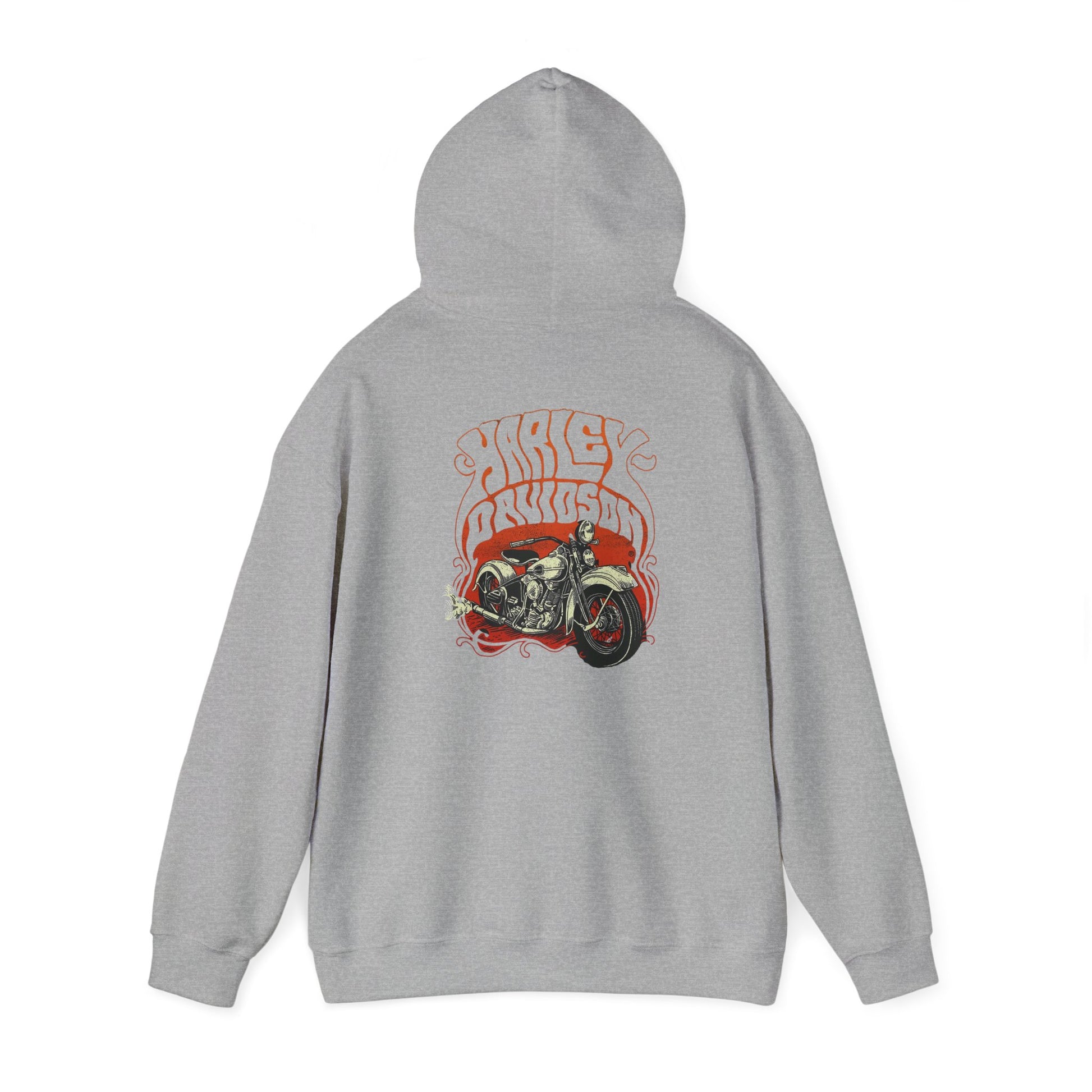 Stylish vintage Harley Davidson hoodie featuring a striking motorcycle graphic, perfect for bikers and fashion enthusiasts.