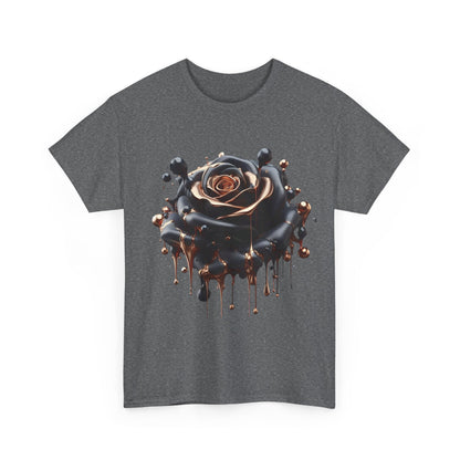 Front view of the Close-Up Abstract Rose Unisex Cotton Tee Graphic T Shirt, featuring an artistic black rose design with molten bronze accents.
