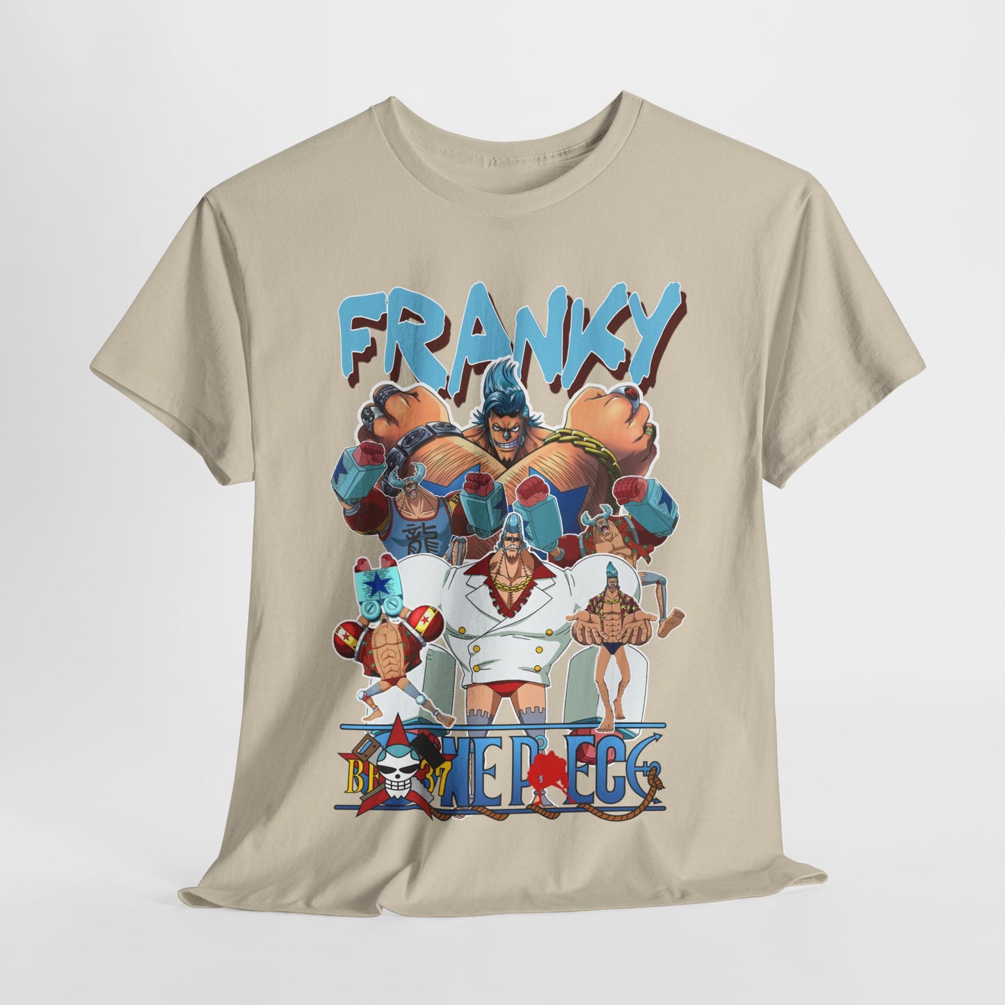 Luxurious Franky graphic tee featuring vibrant anime artwork with bold typography, ideal for fans of the One Piece series.