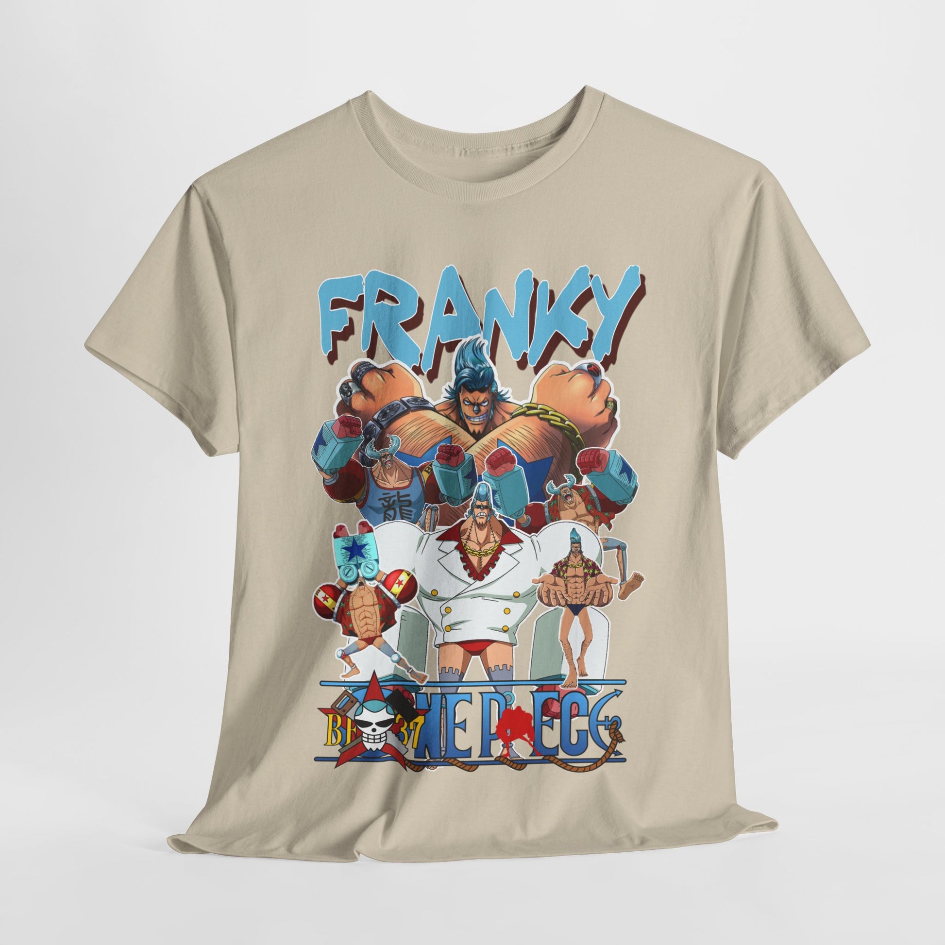 Luxurious Franky graphic tee featuring vibrant anime artwork with bold typography, ideal for fans of the One Piece series.