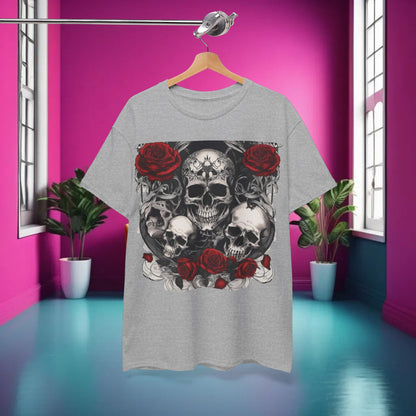 Skulls and Roses Cotton Tee elegantly displayed against a vibrant background, demonstrating its unique steampunk design and artistic appeal for fashion enthusiasts.