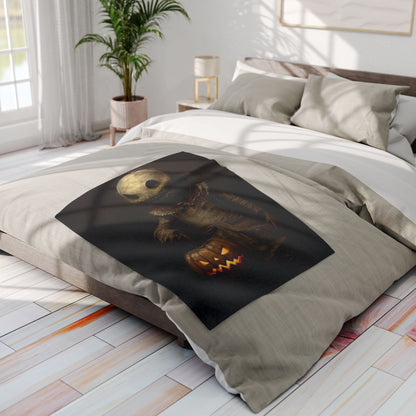Decorative and Warm Halloween Spooky Arctic Fleece Blanket spread across a stylish bed, displaying a whimsical Halloween motif that enhances the cosy ambience.