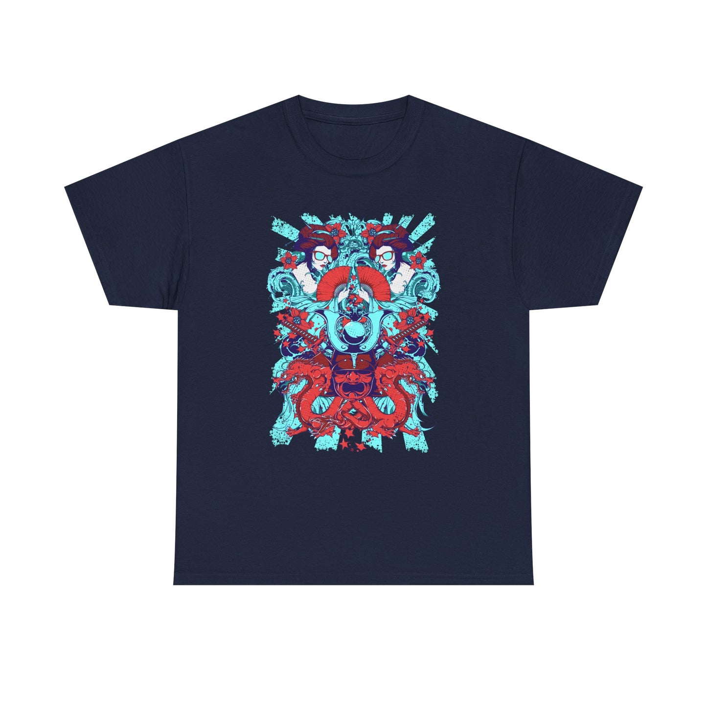 Stylish navy blue men's t-shirt featuring an intricate graphic design of a samurai kabuto helmet, geisha figures, and majestic dragons, embodying a blend of traditional Japanese artistry and modern fashion elegance.