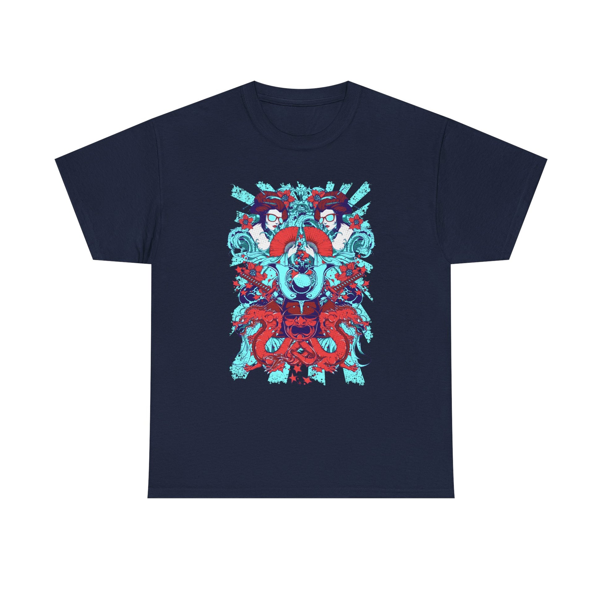 Stylish navy blue men's t-shirt featuring an intricate graphic design of a samurai kabuto helmet, geisha figures, and majestic dragons, embodying a blend of traditional Japanese artistry and modern fashion elegance.