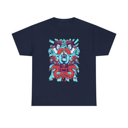Stylish navy blue men's t-shirt featuring an intricate graphic design of a samurai kabuto helmet, geisha figures, and majestic dragons, embodying a blend of traditional Japanese artistry and modern fashion elegance.