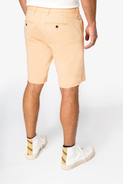 Luxury organic cotton chino shorts for men, featuring a straight-fit design, belt loops, and a soft peach-skin finish, perfect for a polished yet comfortable look in warm weather.